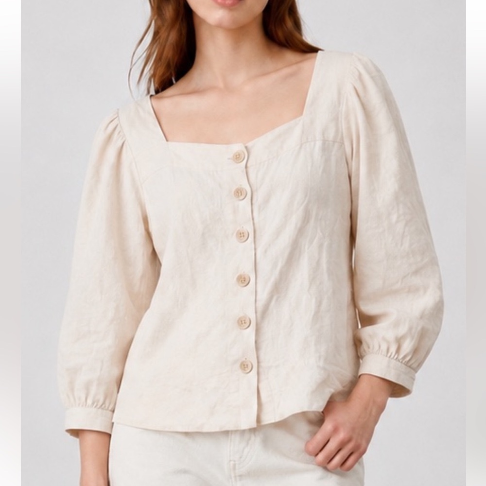 J. Crew Cream Square-Neck Button-Front Linen Blouse